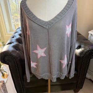 POL Gray V-Neck Sweater with Pink Stars